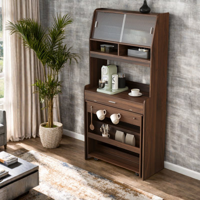 Buffet avec huche et table de salle à manger pliable, tablettes de rangement, crochets latéraux et armoire avec portes coulissantes
