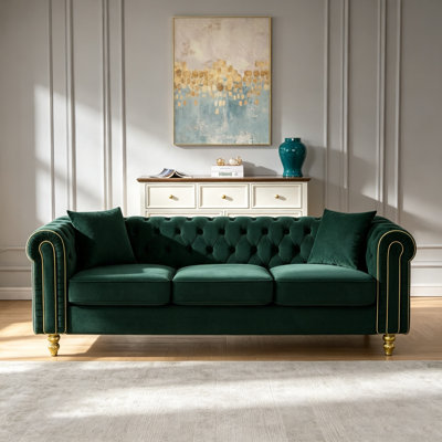 86" Modern Loveseat Sofa,3 Seater Couch Comfy Velvet Sofa Button Tufted Rolled Arms ,Chesterfield for Primary Living Space,Green