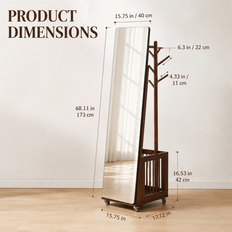 Solid Wood Rolling Coat Rack with Storage Basket & Full-Length Mirror, Mobile Garment Stand with Lockable Casters for Entryway, Bedroom, Hall Closet