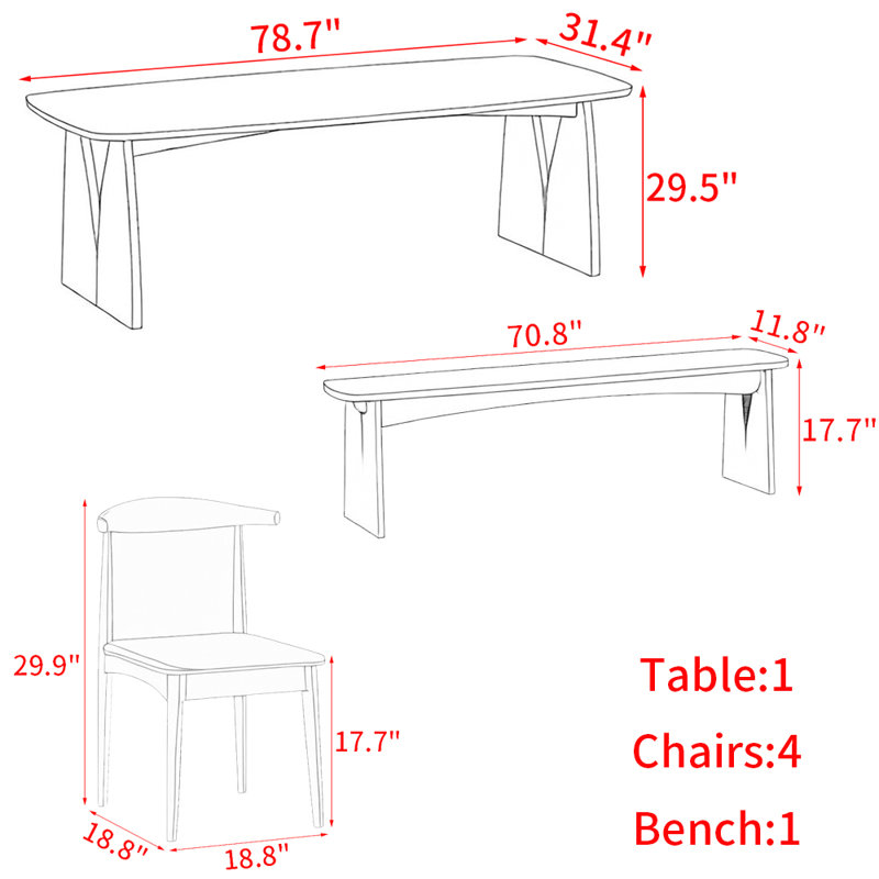 Ensemble de table créative en bois massif de style japonais, H 29,5 po x L 78,7 po x l 31,4 po