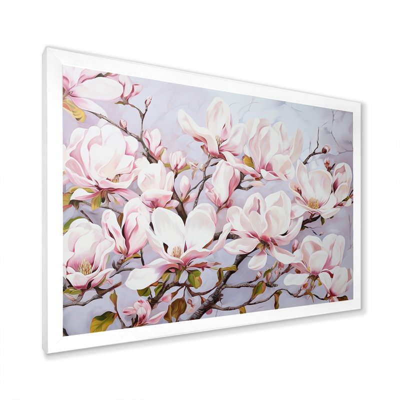 Fleurs de magnolia roses sur toile, Cadre simple blanc, H 16 po x l 32 po x P 1 po