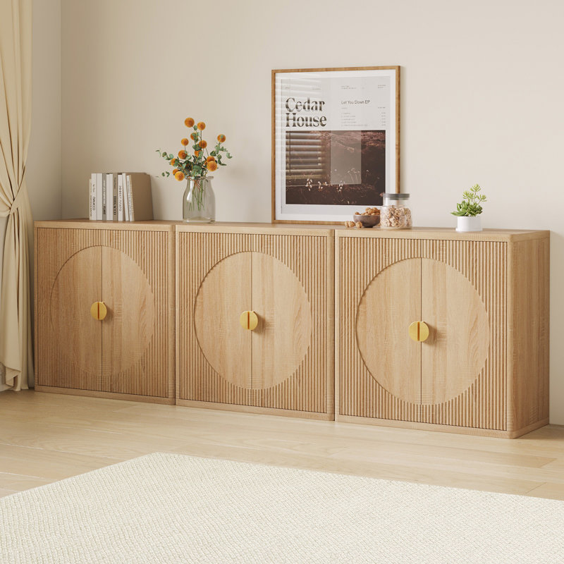 Buffet 31,5 "cannelé avec rangement, ensemble de 3, armoire en bois avec 2 portes tampons et 3 tablettes réglables, convenant à la salle à manger, à la cuisine et au salon