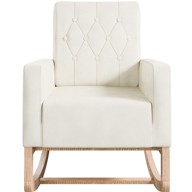 Détendez-vous avec style grâce à cette chaise berçante beige et crème et au dossier rempli de mousse de couleur charmante