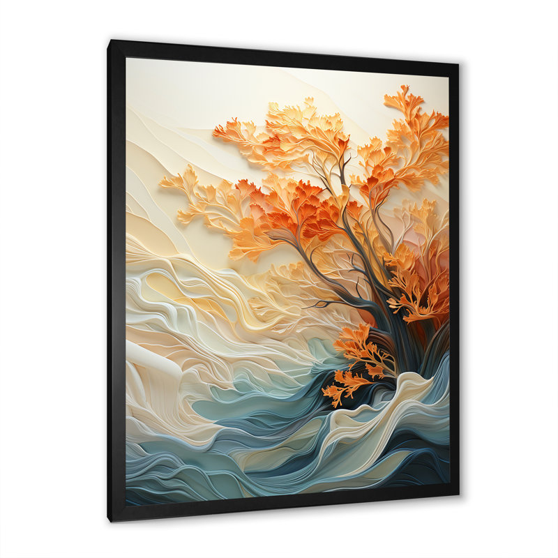 «Orange Bold Waterfall Sunrise II», art mural abstrait, Cadre photo noir simple, H 32 po x l 16 po x P 1 po