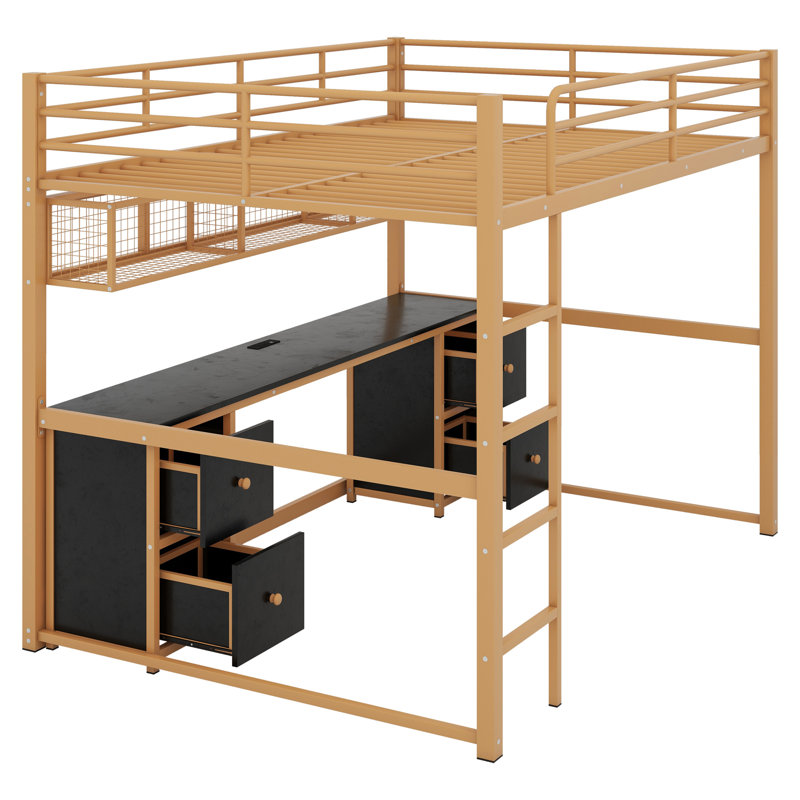 Lit mezzanine double avec tiroirs Alekzander Kids, Naturel