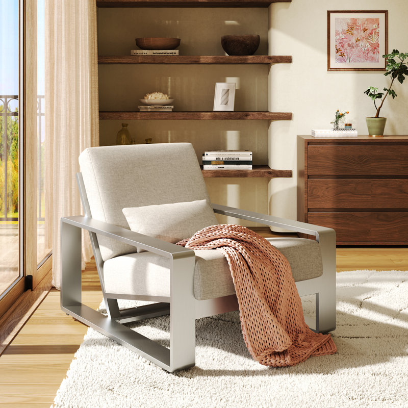Chetan Indoor/Outdoor Aluminum Lounge Chair, Silver Frame/Beige Cushion
