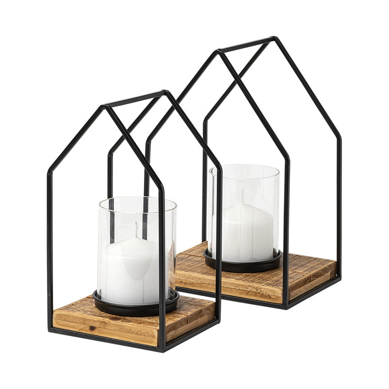 Ensemble de deux porte-bougies de table en métal géométrique noir et brun patiné