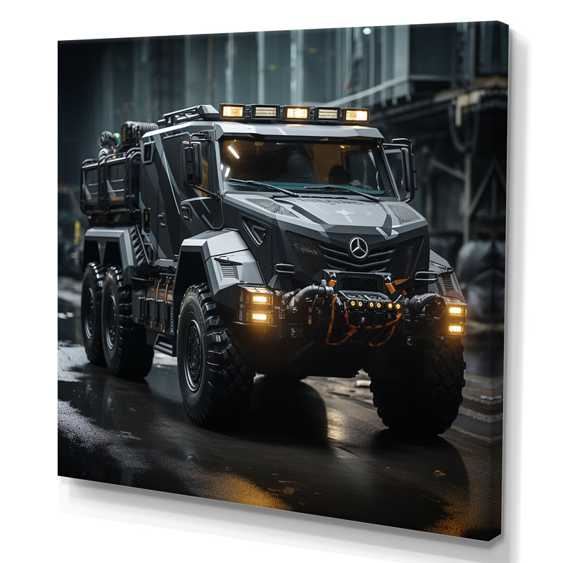 Au noir, camion militaire sur toile, Toile tendue, H 16 po x l 16 po x P 1 po