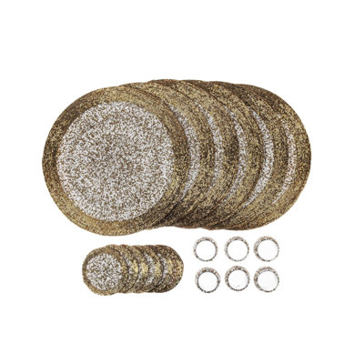 Glass Beaded Round Placemats, Coasters Napkin Rings Set of 18 Table Place Mats 32 cm (Gold and White)