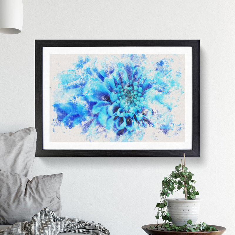 Blue Dahlia Flower - Picture Frame Graphic Art Print, 40cm H x 60cm W x 2cm D, Black Framed