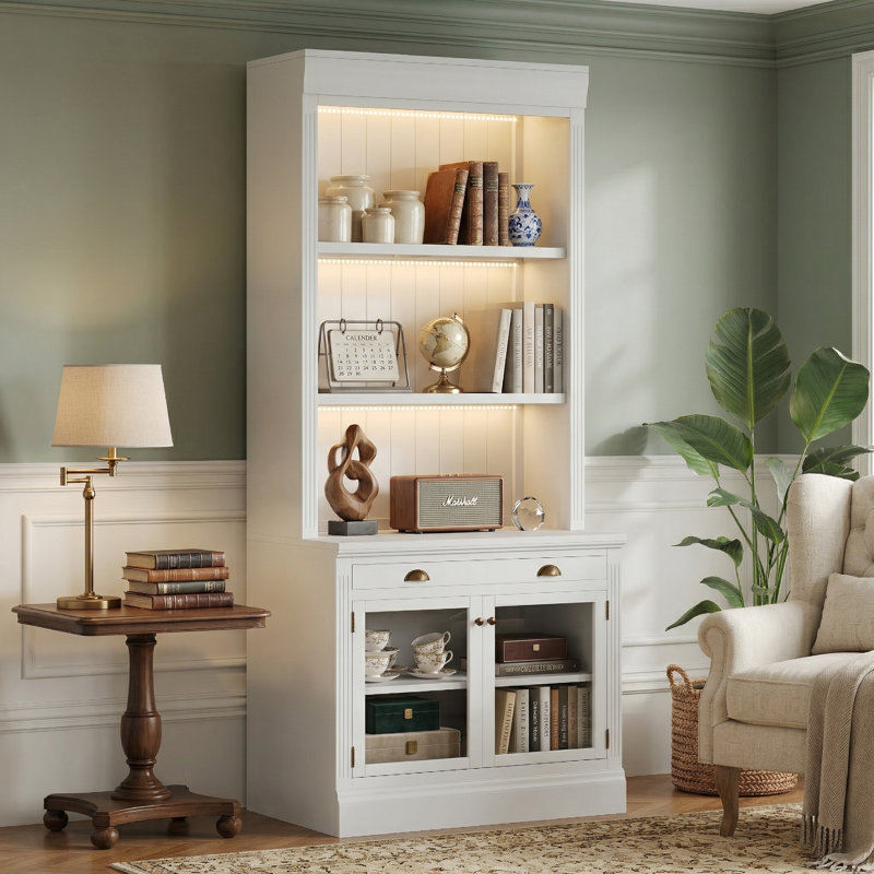 83.4" Tall Modern Bookcase with LED Lighting, 2 Glass Doors, 1 Drawer and Open Shelves, Storage Organizer for Living Room Home Office, White