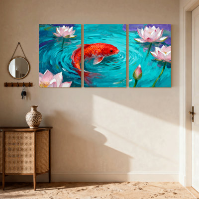 Oiseaux, poissons, nénuphars, nénuphars, ensemble de 3 impressions sur toile