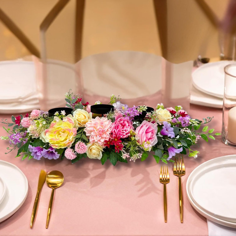 Peony, Rose & Morning Glory Floral Candle Holder Centerpiece