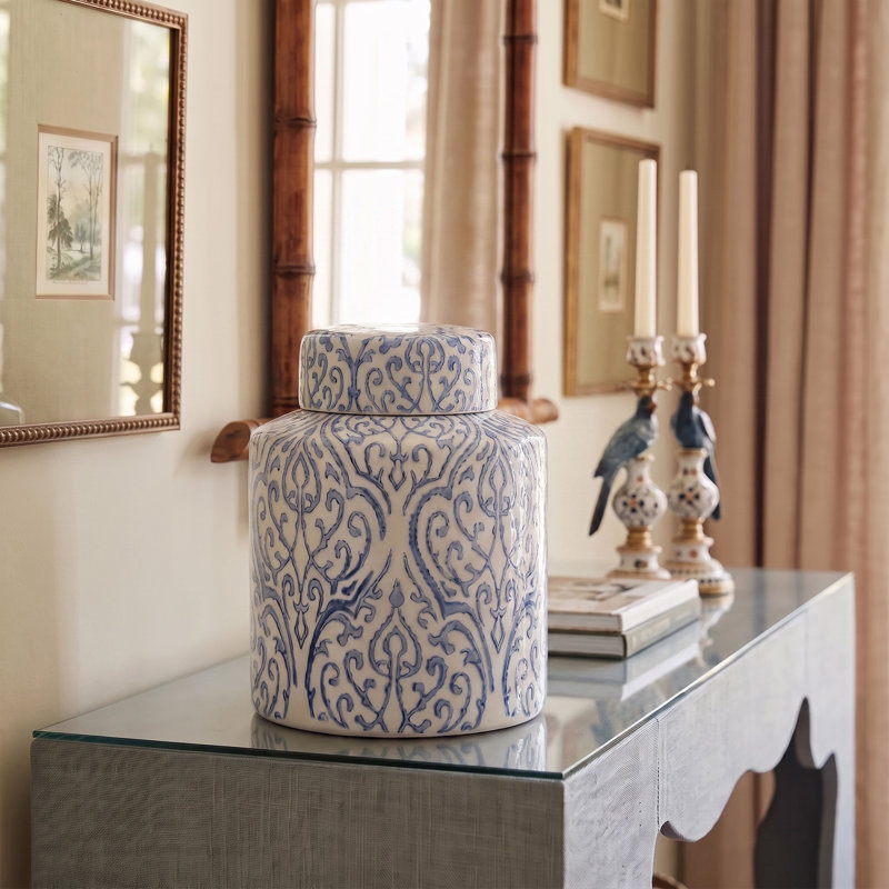 Pot à gingembre rond décoratif en céramique avec couvercle, motif floral bleu et blanc, H 10,13 po x l 8 po x P 8 po