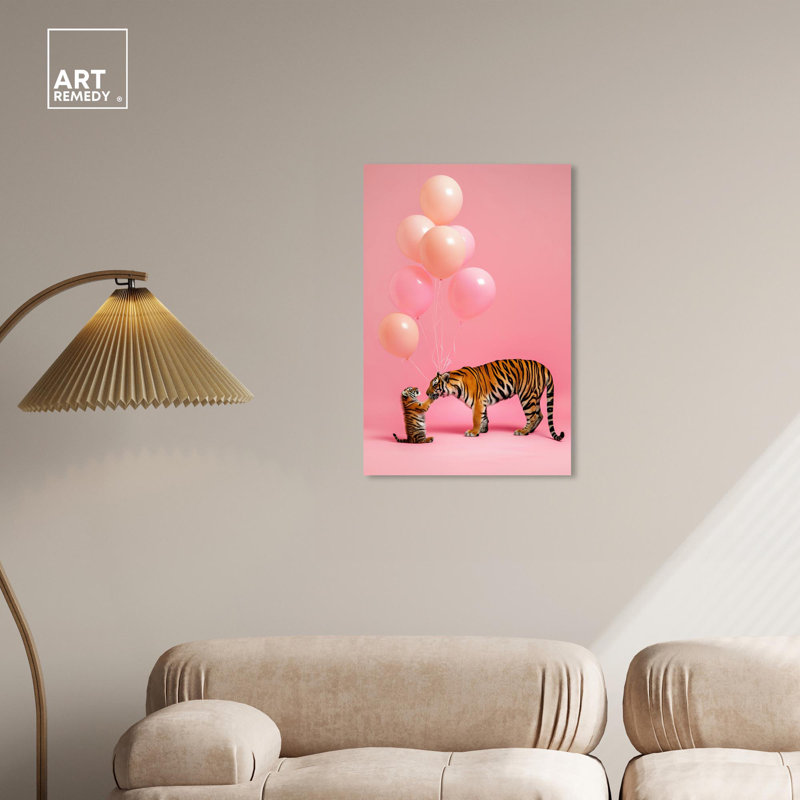 Joyful Wilderness Pink Canvas Art with Tigers and Balloons