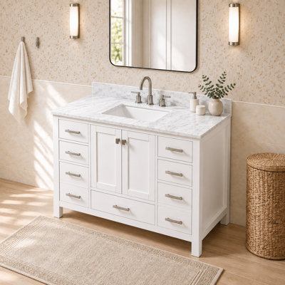 48" White Single Sink Bathroom Vanity with Carrara Marble Top, 2 Soft Closing Doors, and 9 Full Extension Drawers, Brushed Nickel Hardware