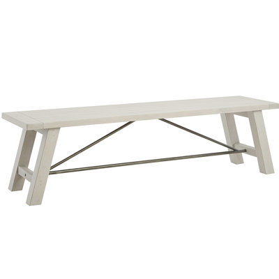 Banc de salle à manger en bois massif avec support en métal, aspect blanc délavé, 3 places assises, capacité de 400 lb, finition blanchie, limite de poids