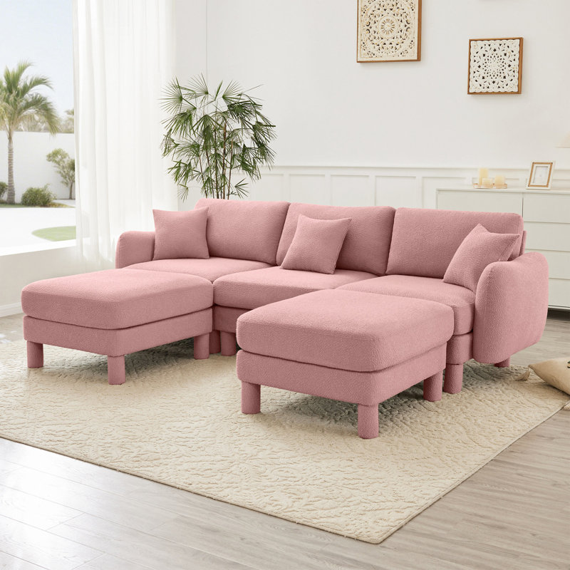 Canapé en tissu Boucle avec accoudoirs distinctifs et repose-pieds mobile, Rose