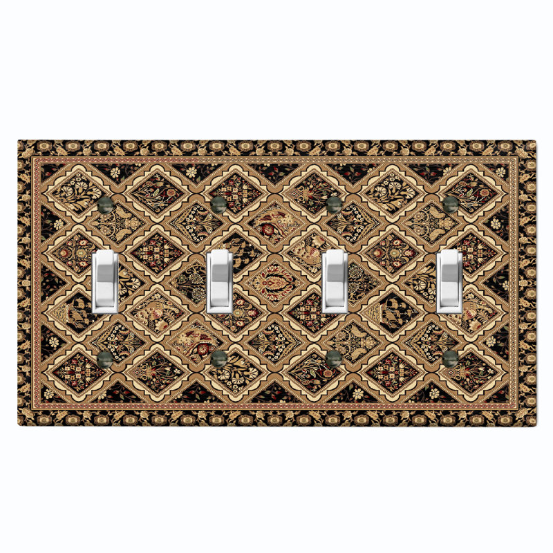 Metal Light Switch Plate Outlet Cover (Rustic Carpet Rug Brown Print - Quadruple Toggle)