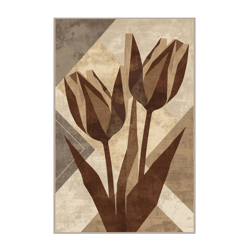 Machine Washable Paesyn Tulip Modern & Contemporary Geometric Shapes Rug in Beige – Beige Binding, 8x10
