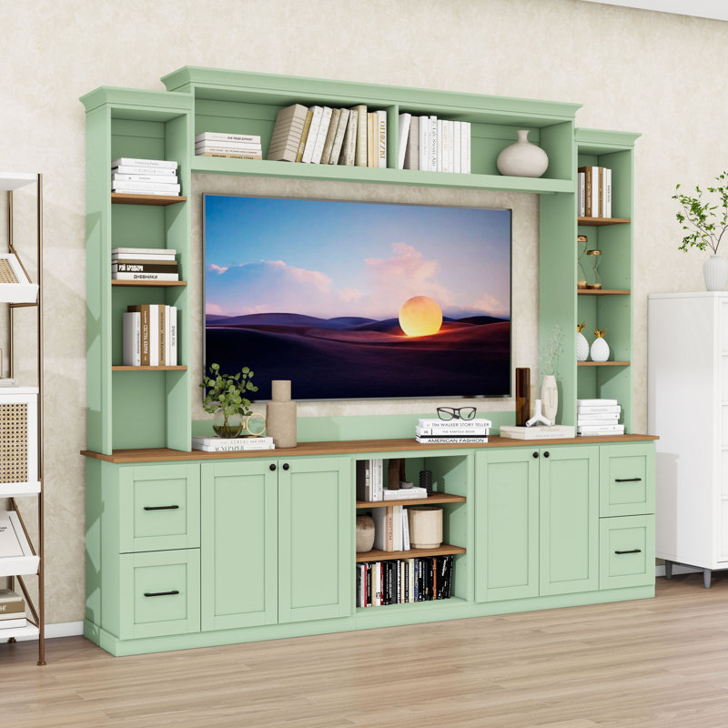 Meuble audio-vidéo avec 4 tiroirs, tablettes, armoires de rangement et portes, Vert menthe