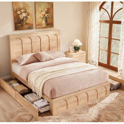 Modern Queen Size Bed Frame With 4 Drawers, Platform Bed With Tall Arched Recessed Headboard, Slats, No Box Spring Needed by Gracie Oaks