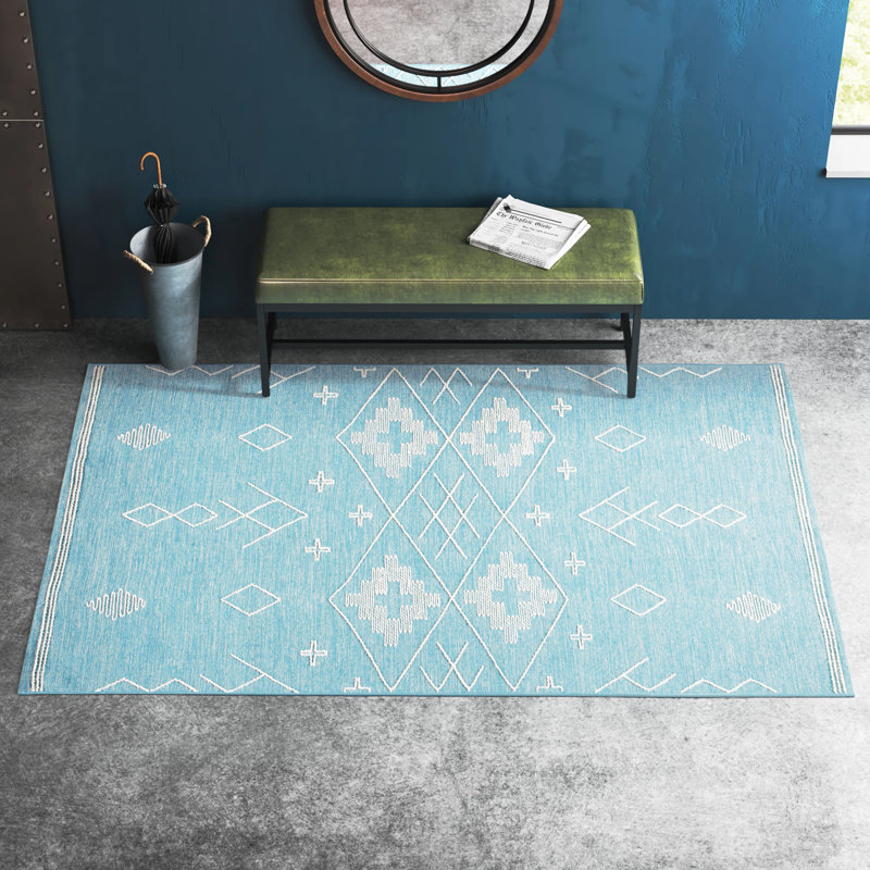 Teal and Ivory Wool Flatweave Tribal Area Rug, 5' x 8'
