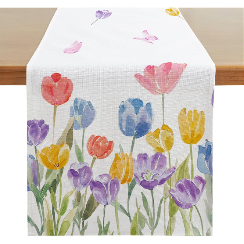 Tulip Flower Spring Table Runner, Easter Summer Kitchen Dining Table Decor, Seasonal Holiday Home Party Decoration For Indoor & Outdoor Use