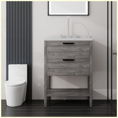 Meuble-lavabo autoportant de 24 po avec lavabo, porte à fermeture en douceur, comptoir et dosseret en marbre de culture blanc de 2 po Carrara, contreplaqué, gris