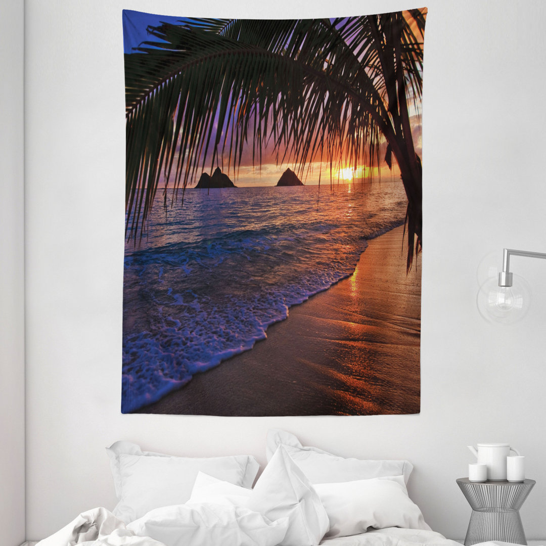 Tapisserie Pacific Sunrise am Lanikai Beach Hawaii Sandy Tropics Hills Leaves Landmark