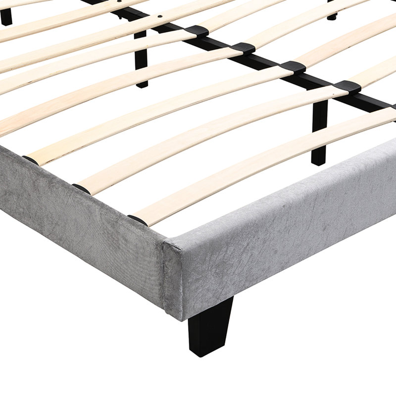 Bouton de lit rembourré capitonné avec un design incurvé - Support de lattes en bois robuste - Assemblage facile - Velours gris clair - Avec lit plateforme à DEL - Grand