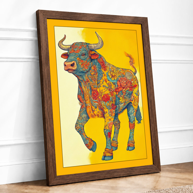 Patterned Bull Boho - Print, A2 - 59.4 x 42.0 cm, Walnut