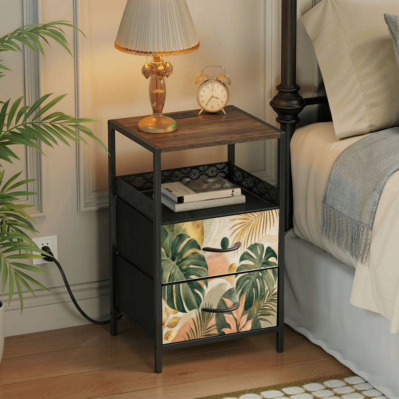 Table de chevet 2 tiroirs avec station de charge, table de chevet de chambre à coucher avec ports USB, tablette ouverte noire, table de chevet avec impression botanique tropicale tropicale Monstera