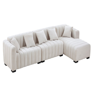 Channel Tufted Sofa Velvet Upholstered Chaise Sofa