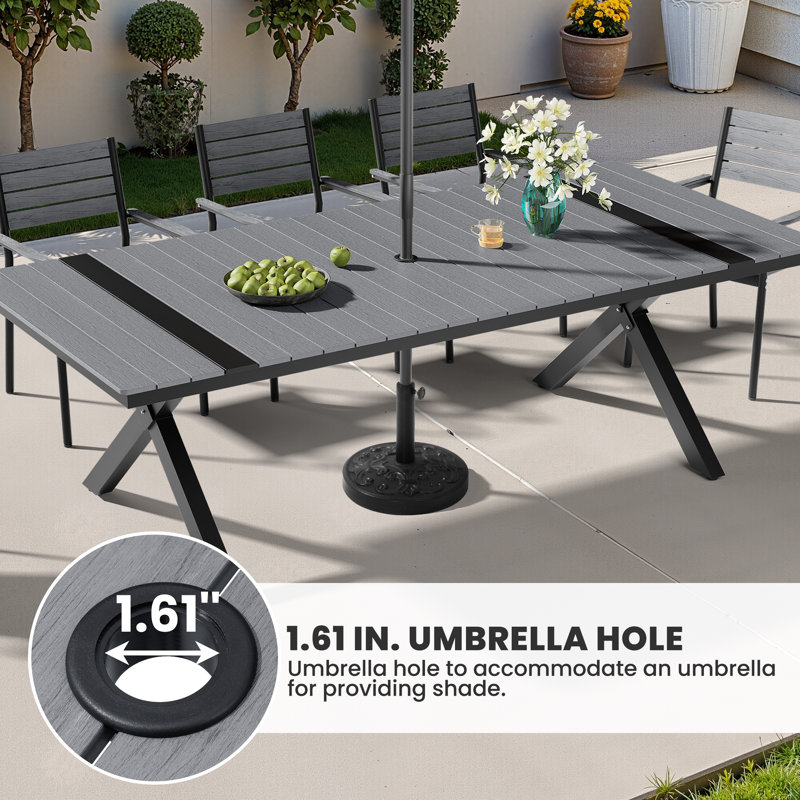 10-person Rectangular Outdoor Dining Set With Umbrella Hole,  Aluminum Frame and Armless Chairs, Gray
