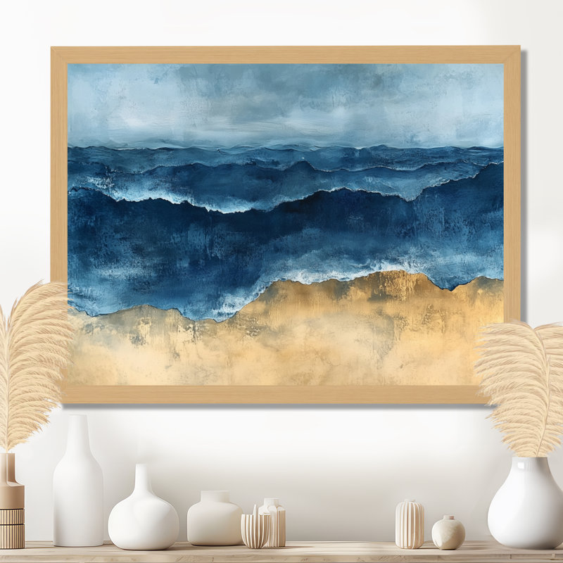 Vagues océaniques abstraites bleues et blanches rencontrant la côte II - Tableau encadré, H 30 po x l 40 po, Cadre naturel