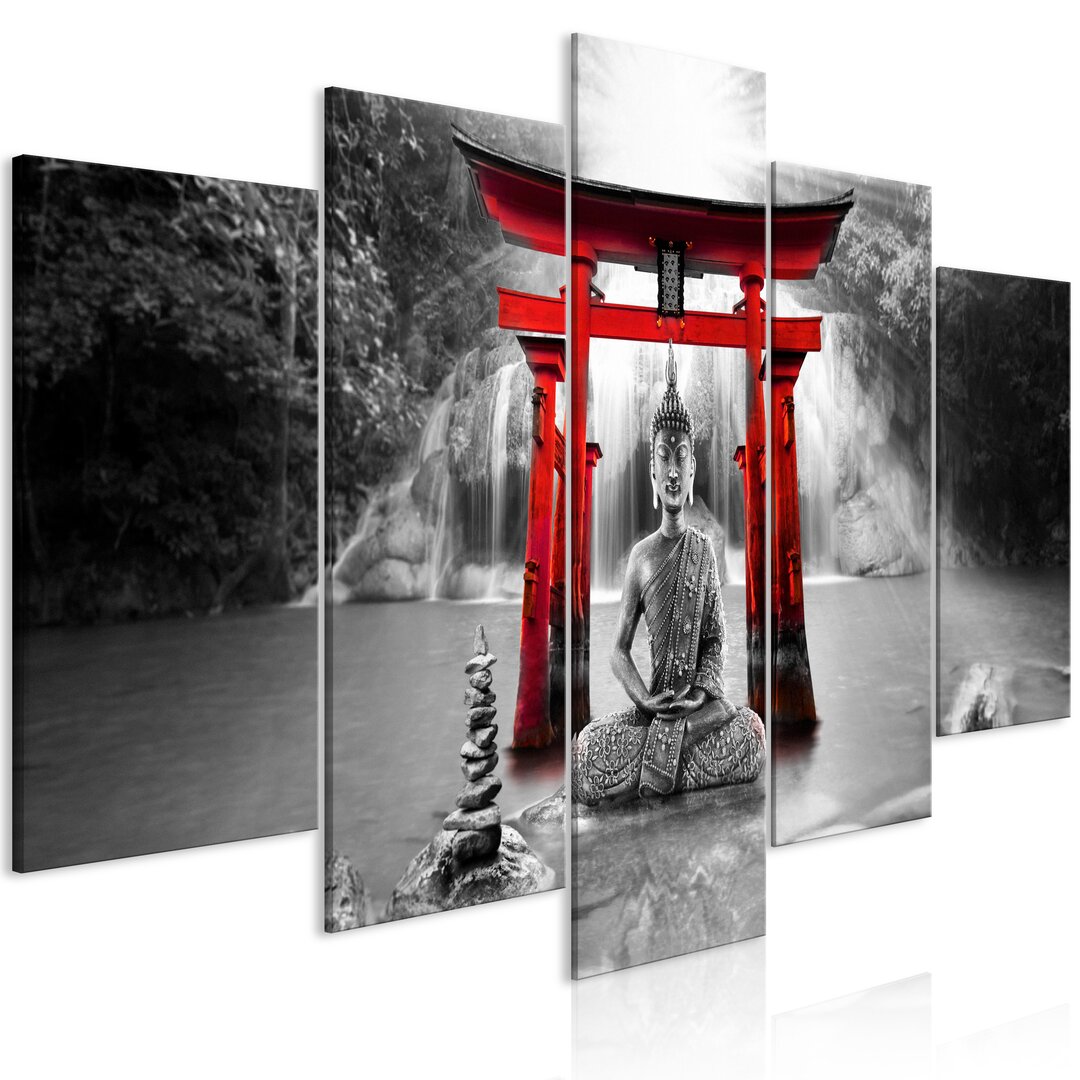 Leinwandbild - Buddha Smile (5 Parts) Wide Red