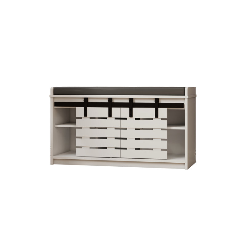 Modern Shoe Storage Bench, 2-Tier Entryway Bench With 2 Sliding Barn Doors & Full Soft Removable Seat Cushion For Entryway, Hallway, Bedroom-White