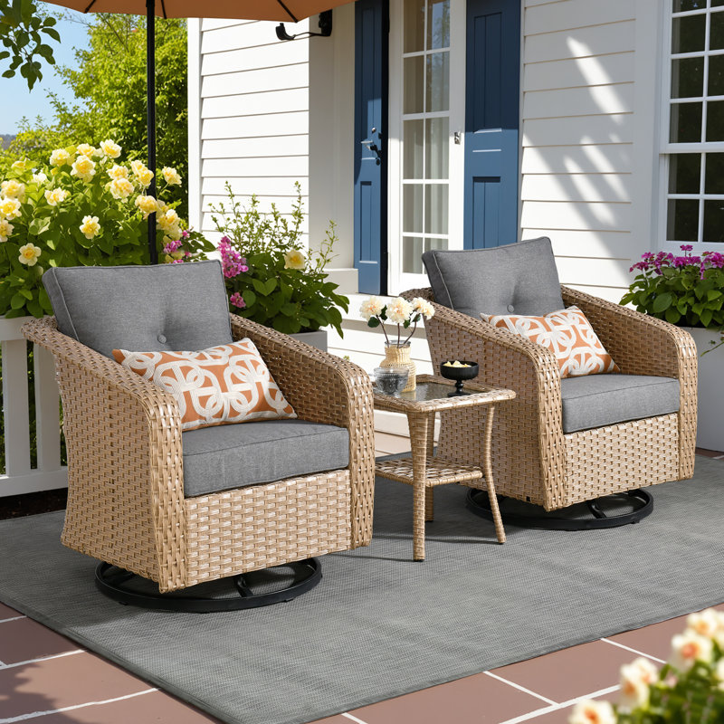 3 - Piece Patio Wicker Swivel Chair Set with Cushions and Side Table, Dark Gray