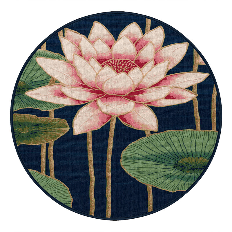 Tapis bleu botanique lavable à la machine, Rond 5 pi