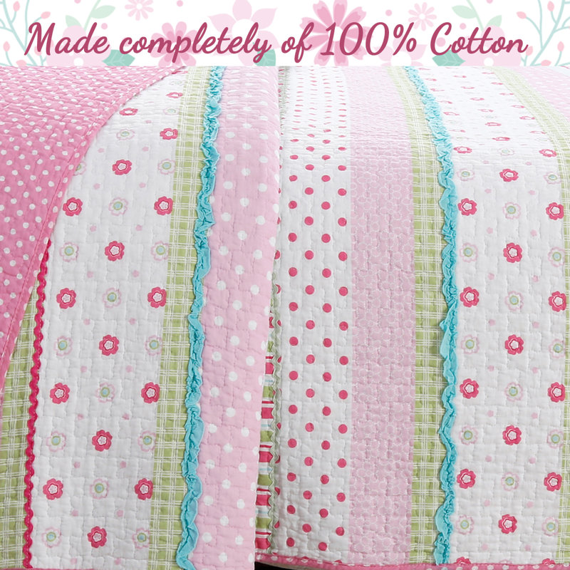 Pink Cotton Twin Reversible Kids' Quilt Set with Pillows