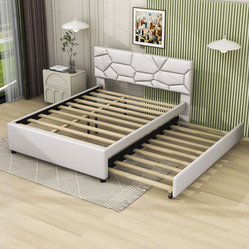 Lit plateforme tapissier avec couchette Elerte, Beige, Grand