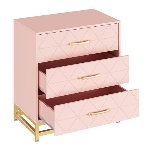 3-Drawer Wooden Dresser, Modern Wood Chest of Drawers with Golden Handles, Pink