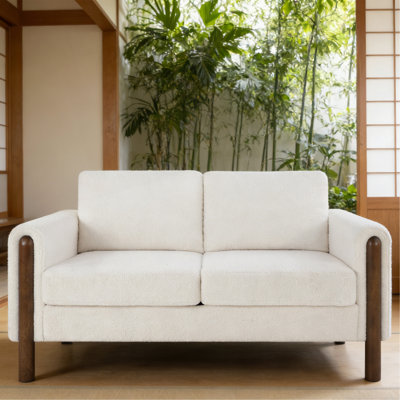 Comfy Mid-century modern loveseat small space 2-seater sofa for living room bedroom or office with walnut legs back pillows teddy fabric