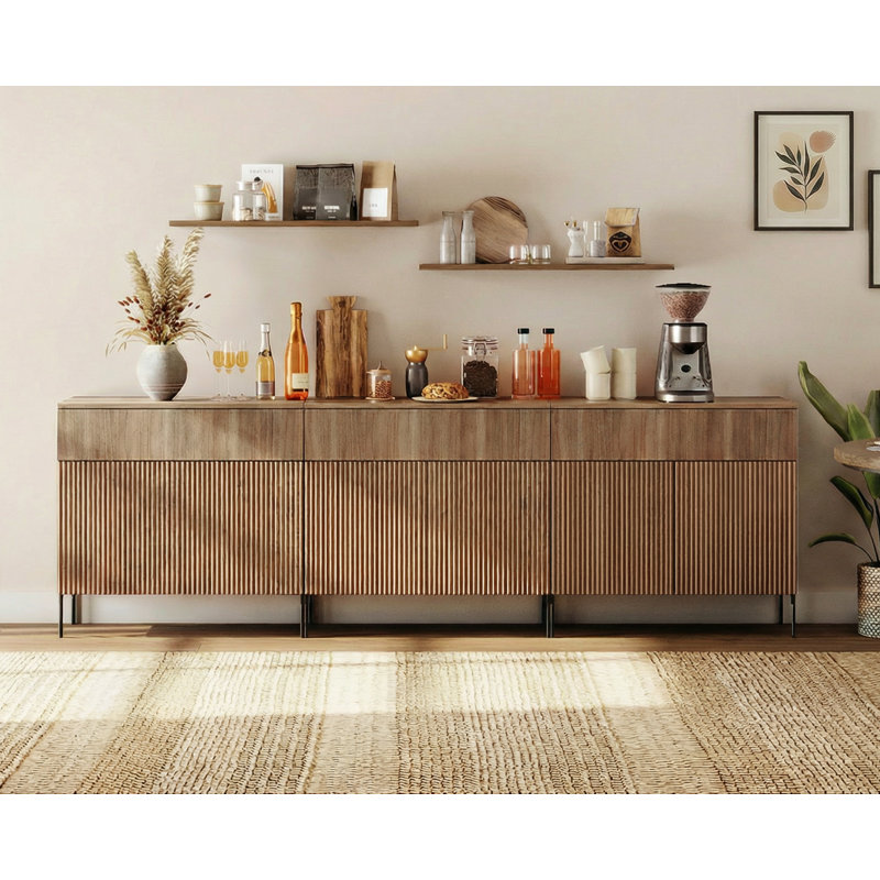 94.5" Wooden Reeded Sideboard With Doors And Drawers, 3-In-1 Modern Wide Credenza Storage Cabinet For Kitchen, Dining Room