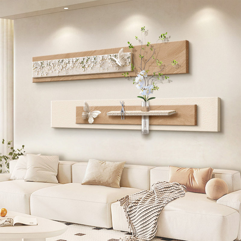 Décoration murale crème en bois avec vase hydroponique - canapé de salon, Brun / blanc / vert / argent