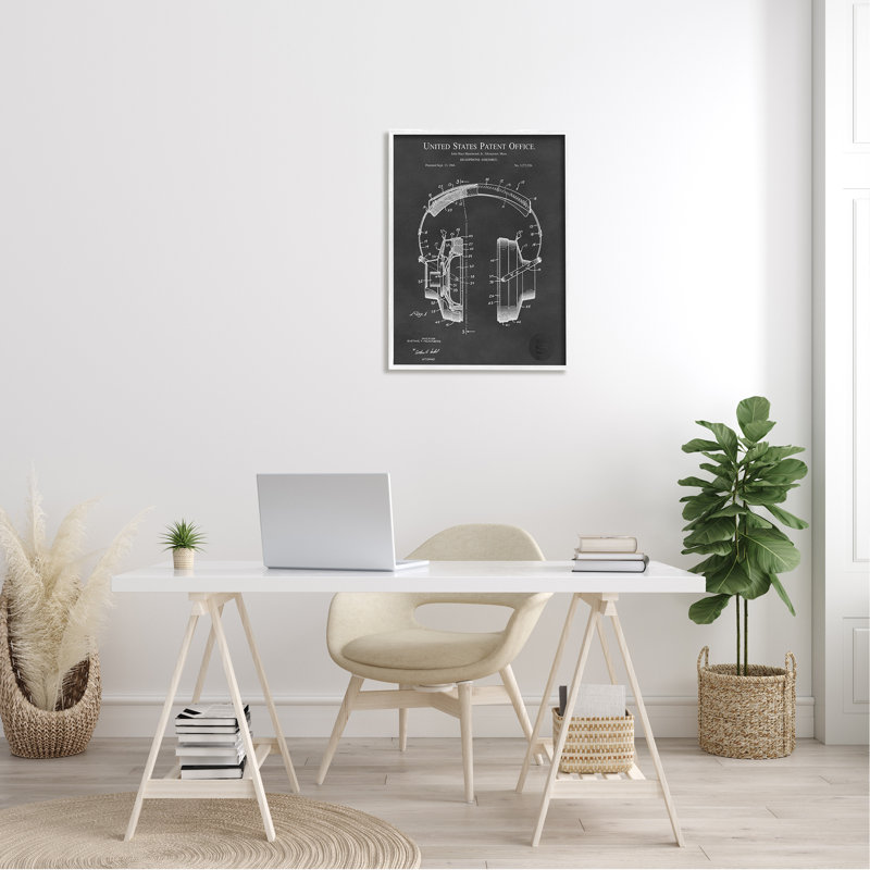 Schéma détaillé d'écouteurs de musique, L 24 po x H 24 po, Giclée encadrée blanc bord de mer