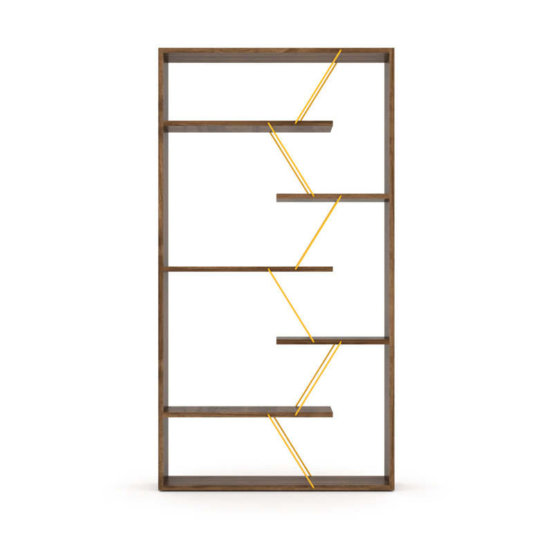 Bibliothèque industrielle en bois - 6 tablettes noyer / jaune pour espaces de bureau, Walnut/Gold