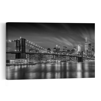 Affiche murale représentant le pont de Brooklyn la nuit, une architecture abstraite moderne et une vue nocturne du pont.
