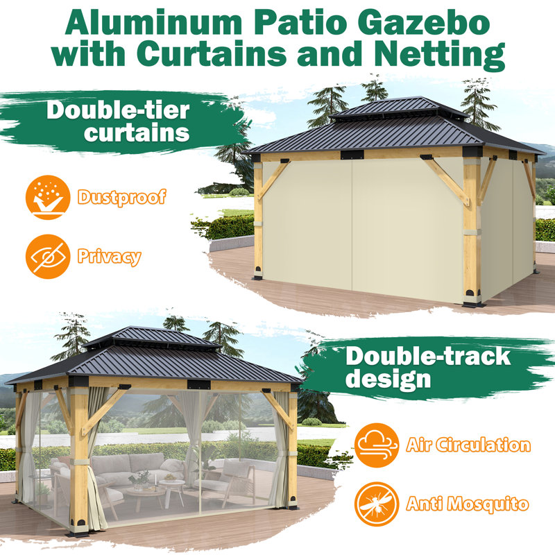 13 ft. W x 11 ft. D Solid Wood Gazebo, Outdoor Double Roof Gazebo with Curtain & Netting for Garden, Patio, Deck, Backyard